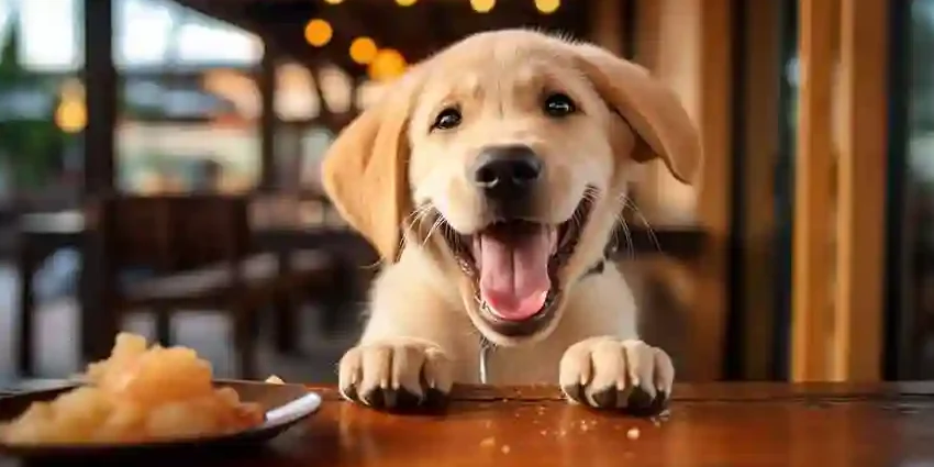 Cute puppy with 2 paws on the dining table