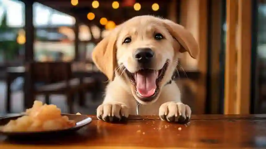 Cute puppy with 2 paws on the dining table