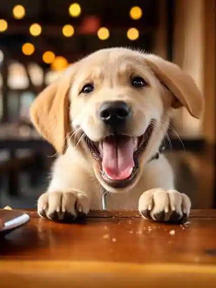 Cute puppy with 2 paws on the dining table