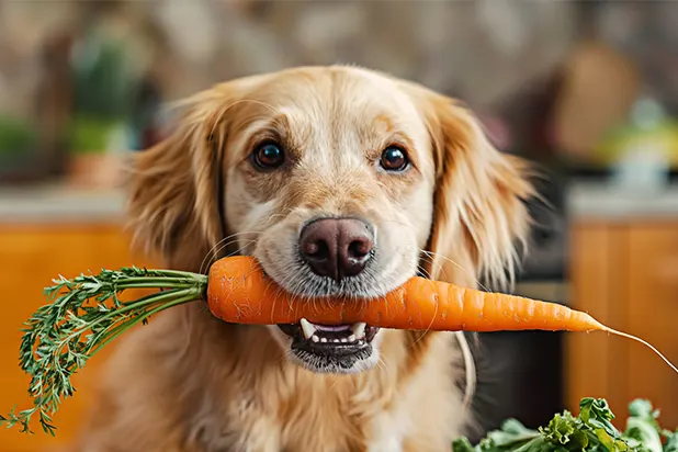 Happy dog with a carrot in its mouth. Garden SnaPets pet treats are made from natural ingredients great for your pet's digestive health.