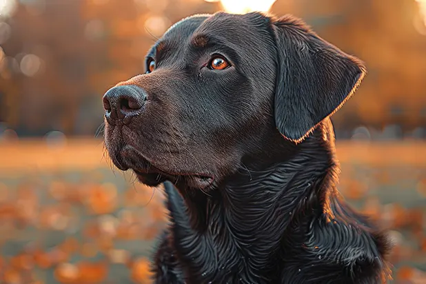 Portrait of a black dog in the outdoors. Garden SnaPets pet treats keep your pet's coat looking shiny and healthy.