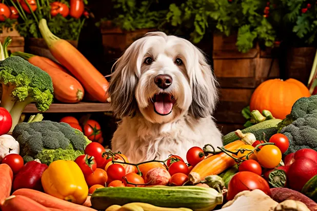 happy shaggy dog sitting with healthy fresh vegetables.