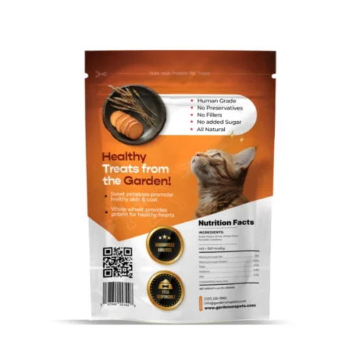 Back of the pack of Garden SnaPets Sweet Potato and Pumpkin with Cranberry pet treats with image of a cat